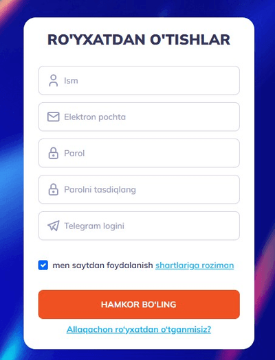 Ro‘yxatdan o‘tish va hamkorning shaxsiy kebinetiga kirish